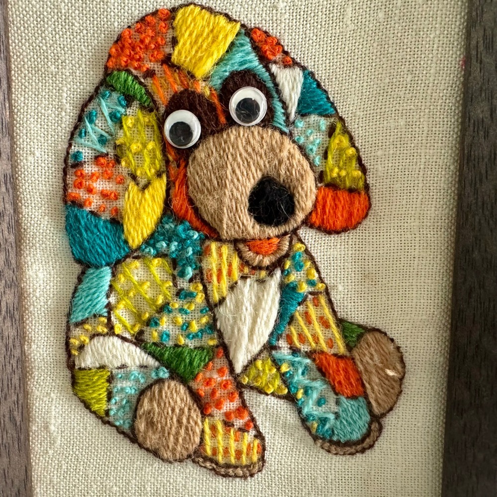 Vintage Framed Patchwork Puppy Dog Embroidery Art Googly Eyes Folk Art 7x9 - Picture 2 of 4